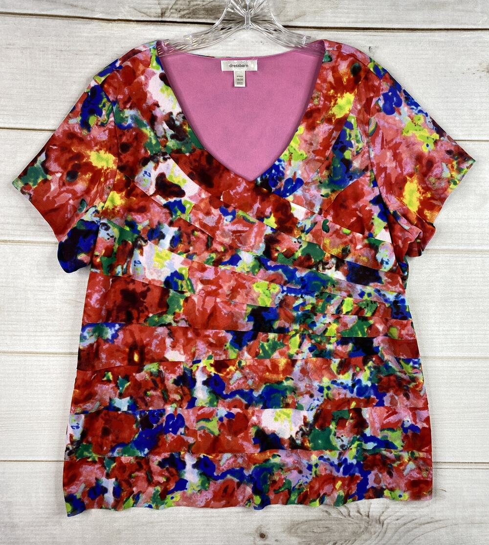 Dressbarn Top Womens 18/20 Multicolor Layered Mesh Lined V Neck Short Sleeve